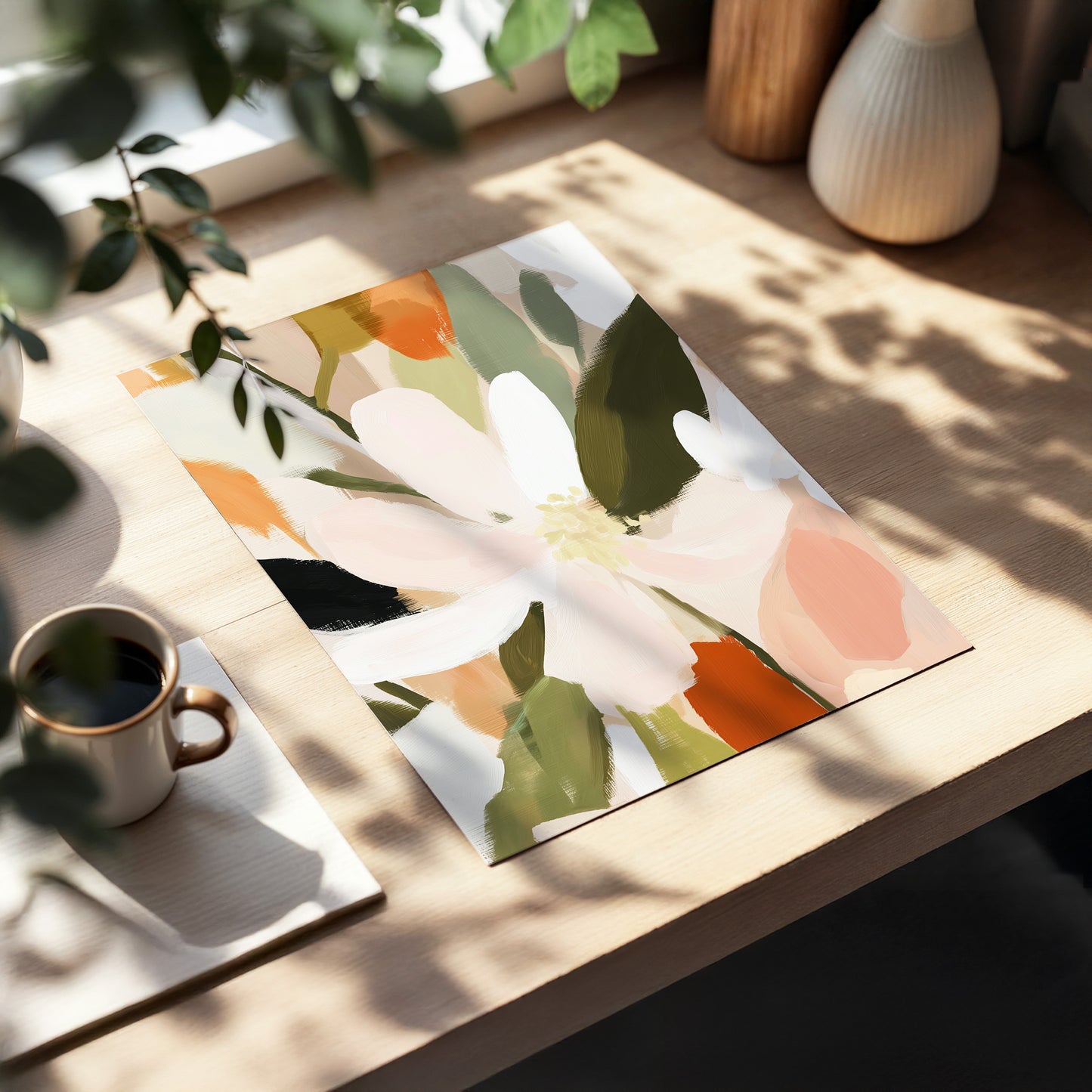 Petals in Quiet Bloom, green, beige, pink floral wall art displayed in a styled interior, gallery view 5