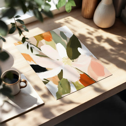 Petals in Quiet Bloom, green, beige, pink floral wall art displayed in a styled interior, gallery view 5