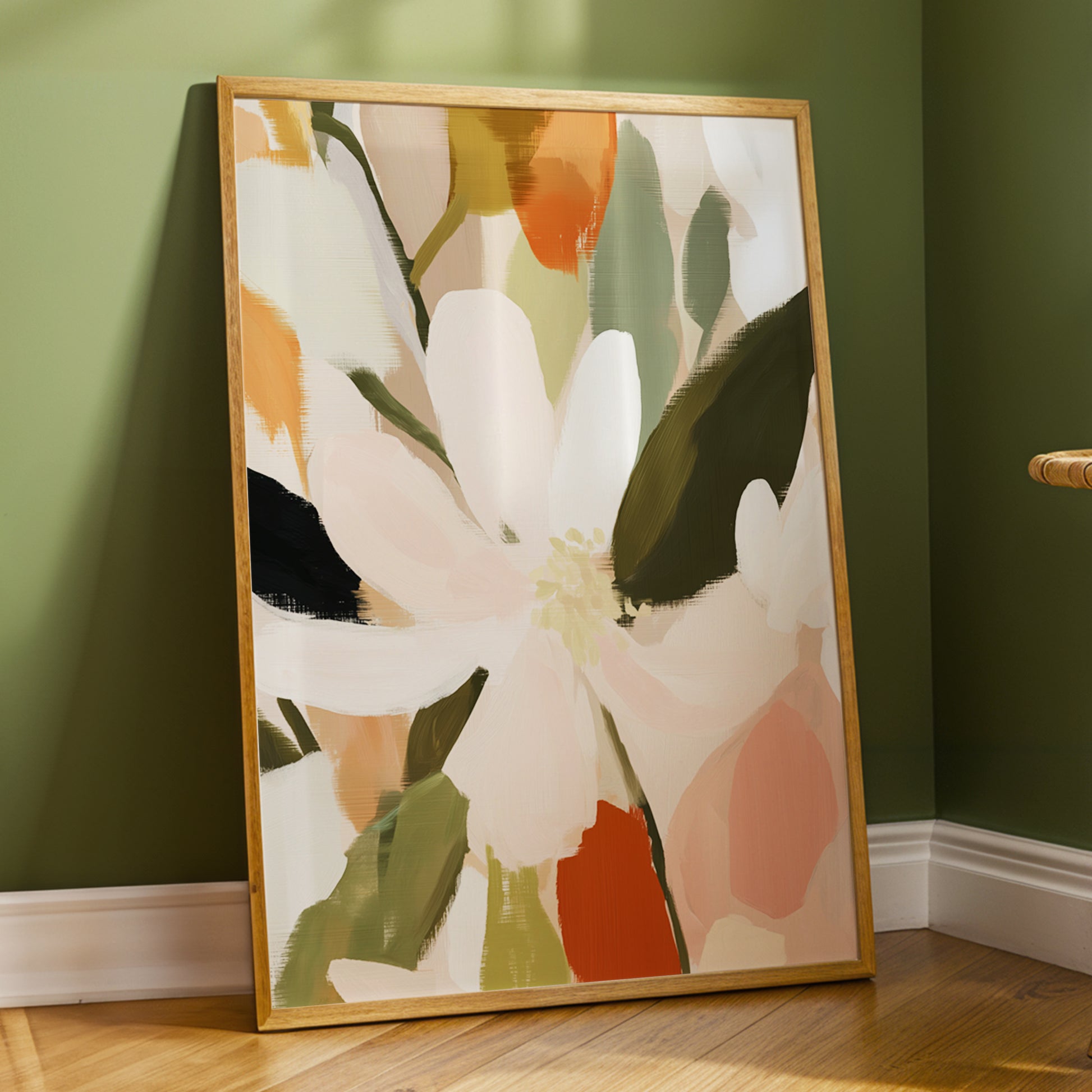 Petals in Quiet Bloom, green, beige, pink floral wall art displayed in a styled interior, gallery view 6