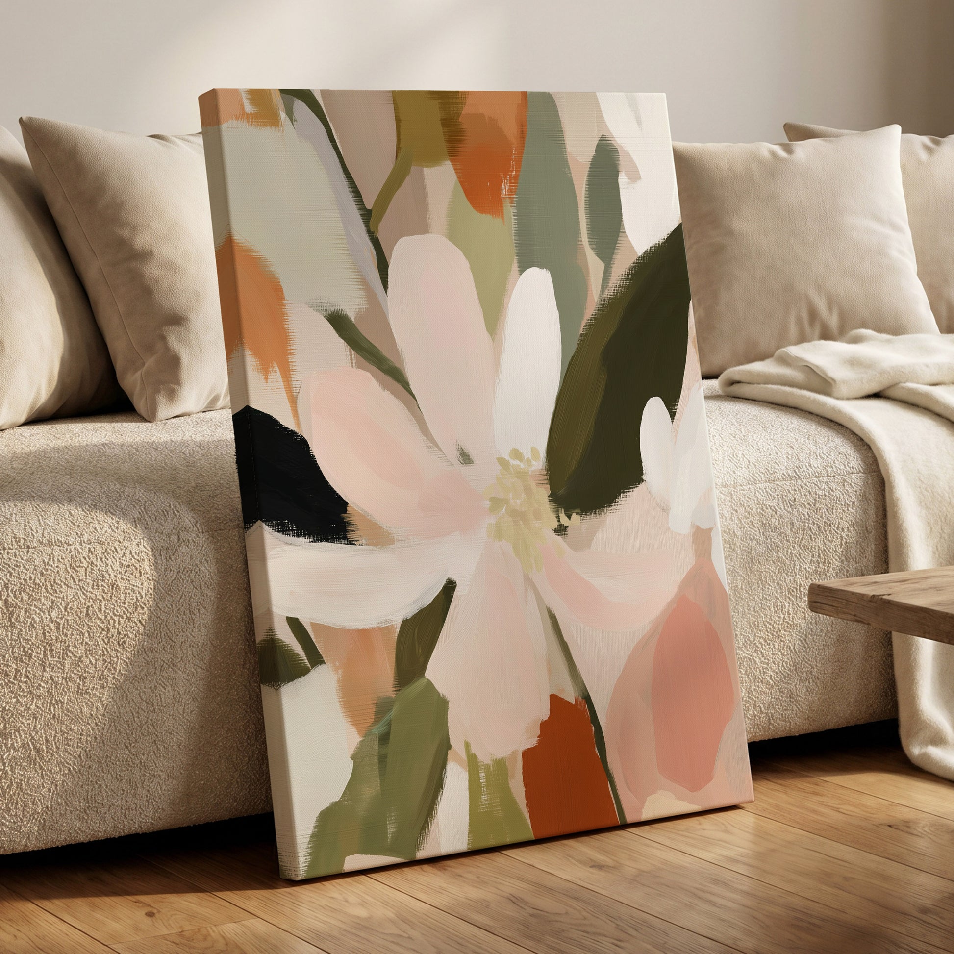 Petals in Quiet Bloom, green, beige, pink floral wall art displayed in a styled interior, gallery view 7