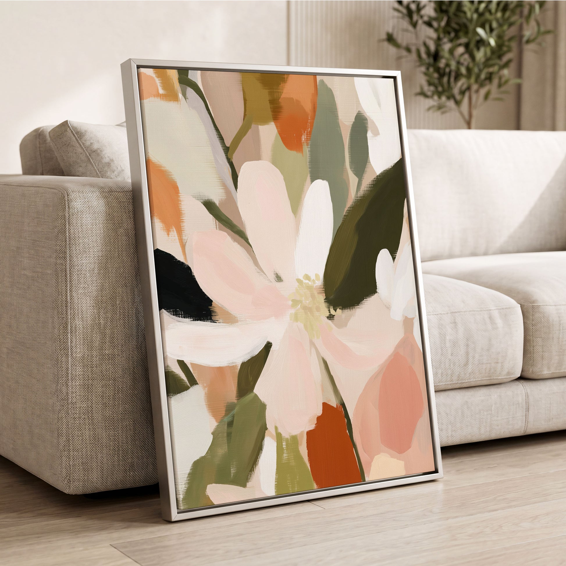 Petals in Quiet Bloom, green, beige, pink floral wall art displayed in a styled interior, gallery view 8