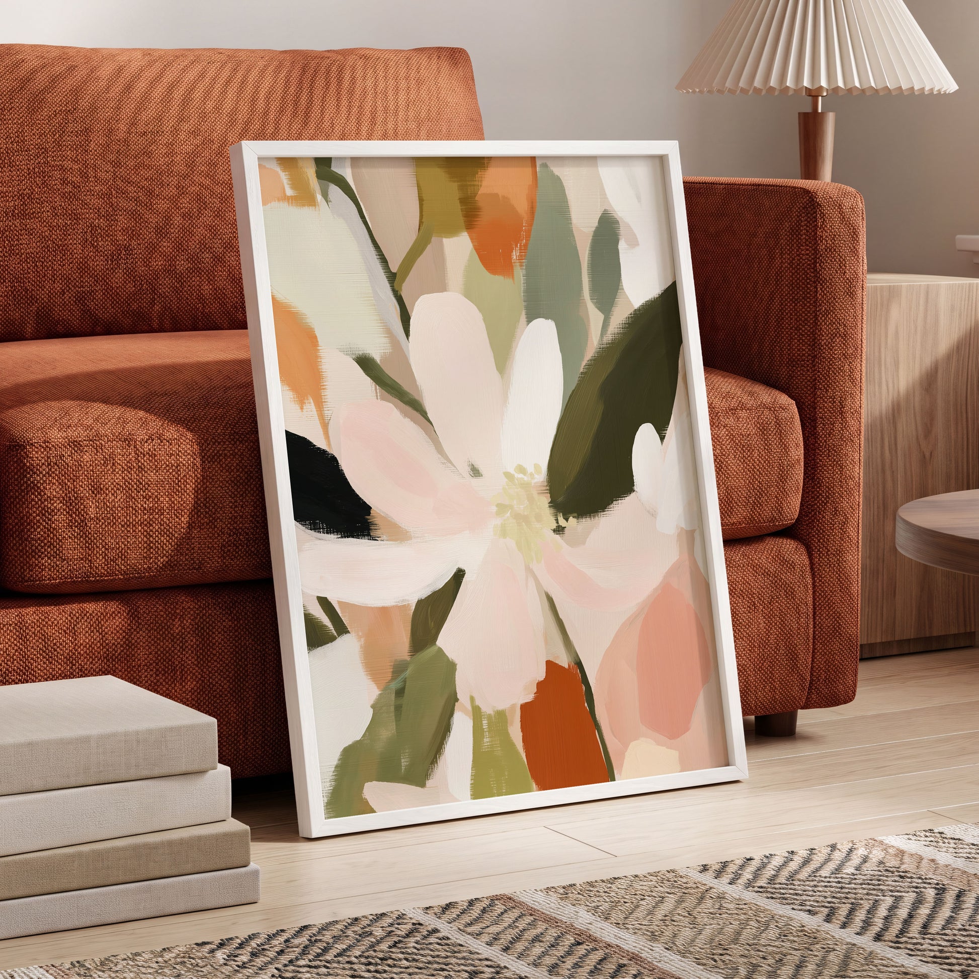 Petals in Quiet Bloom, green, beige, pink floral wall art displayed in a styled interior, gallery view 9