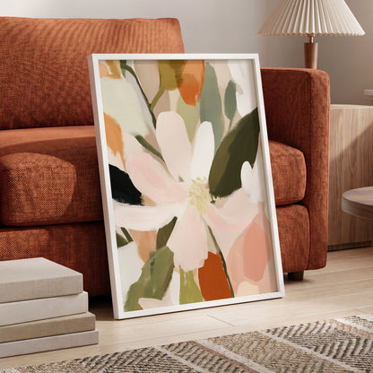Petals in Quiet Bloom, green, beige, pink floral wall art displayed in a styled interior, gallery view 9