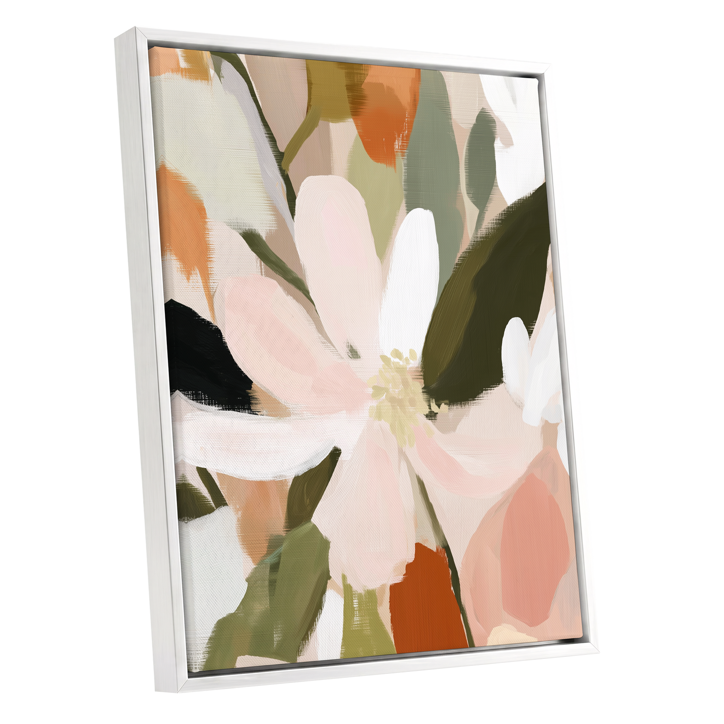 Petals in Quiet Bloom, green, beige, pink floral wall art shown as a white framed canvas wall art