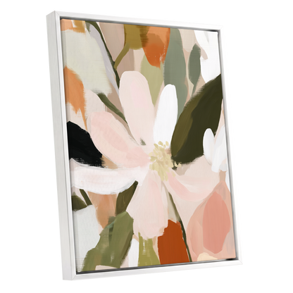 Petals in Quiet Bloom, green, beige, pink floral wall art shown as a white framed canvas wall art