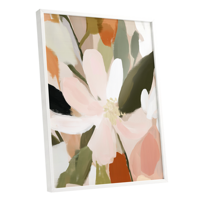 Petals in Quiet Bloom, green, beige, pink floral wall art shown as a white framed poster wall art print