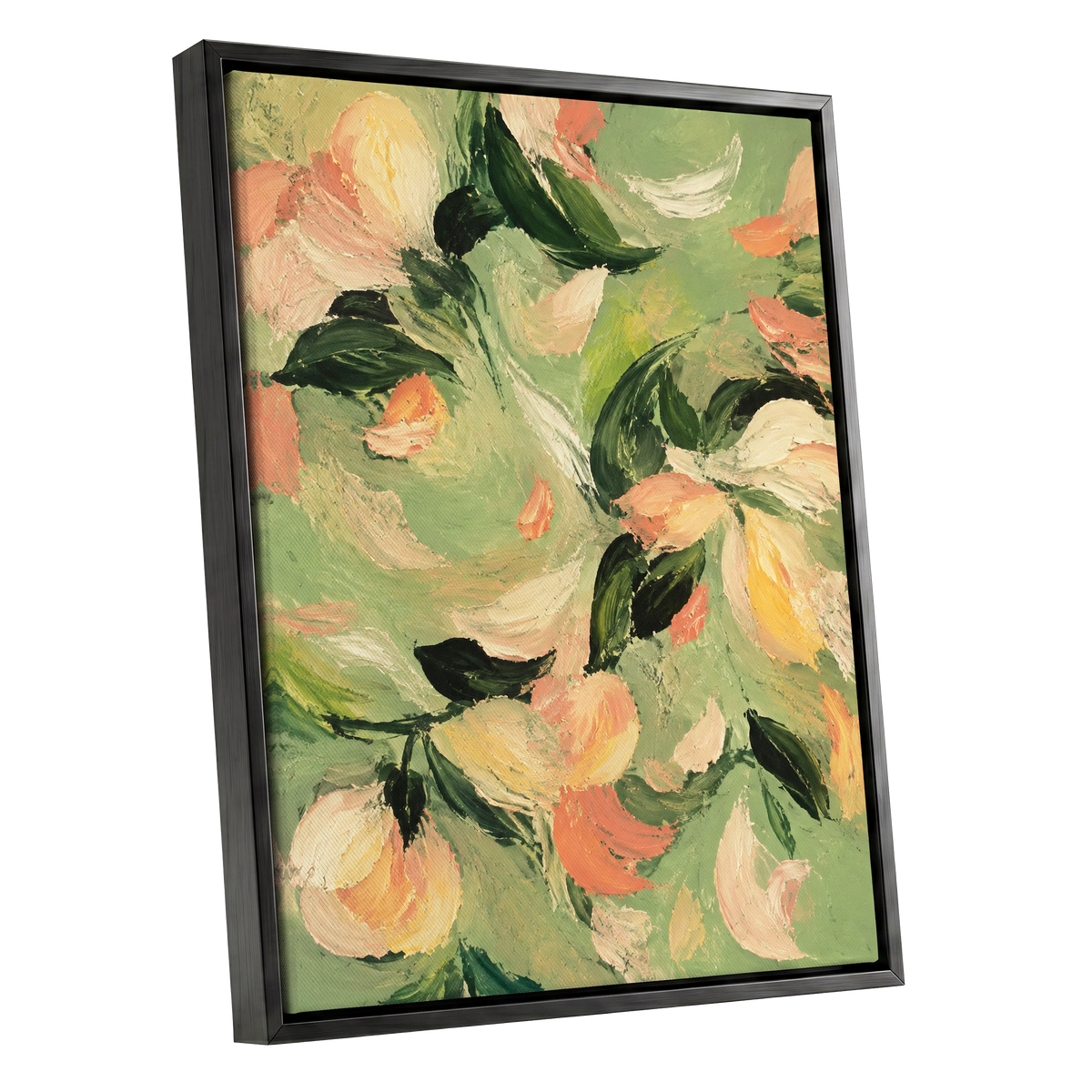 Petals in Sage, green, orange, pink floral wall art shown as a black framed canvas wall art