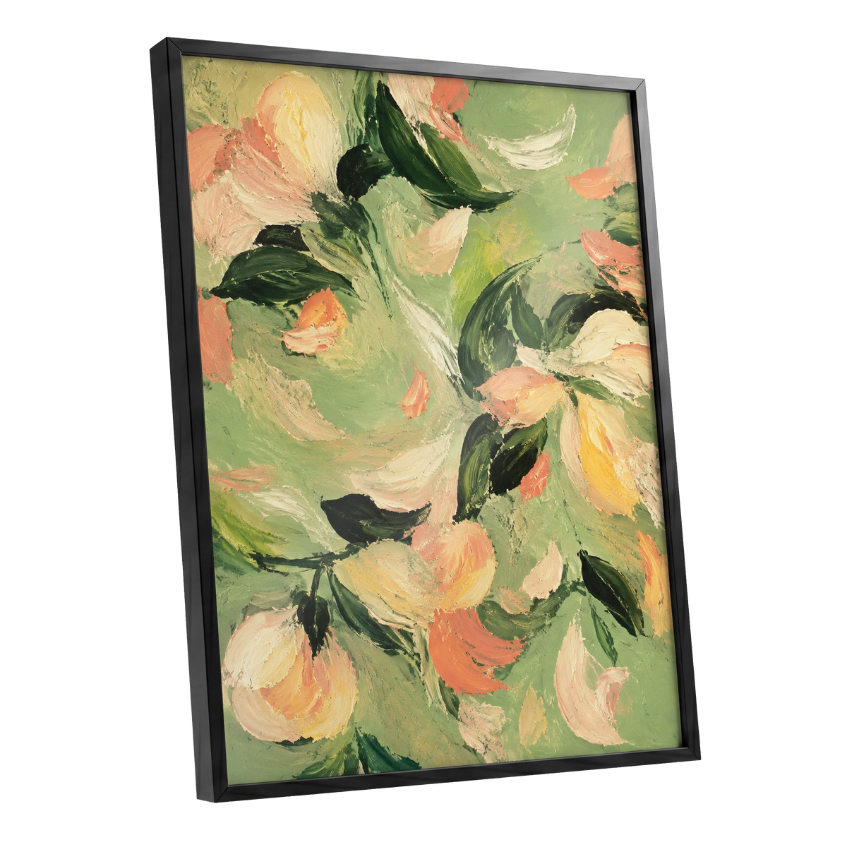 Petals in Sage, green, orange, pink floral wall art shown as a black framed poster wall art print