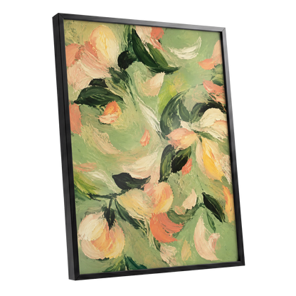 Petals in Sage, green, orange, pink floral wall art shown as a black framed poster wall art print