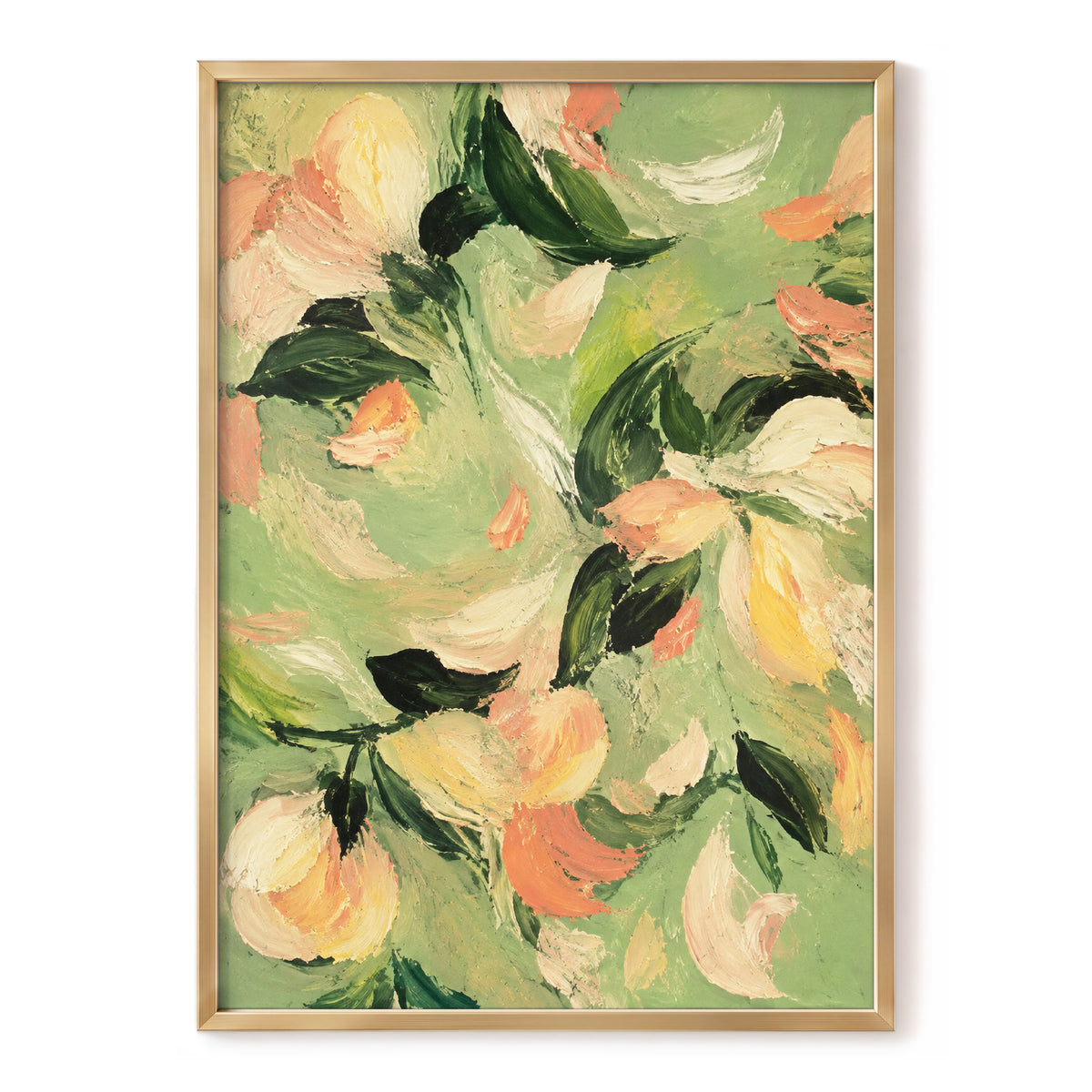 Petals in Sage, green, orange, pink floral wall art, front artwork view