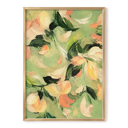 Petals in Sage, green, orange, pink floral wall art, front artwork view