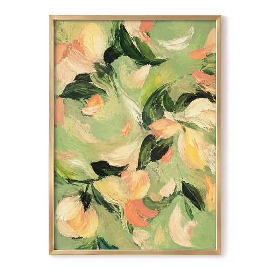 Petals in Sage, green, orange, pink floral wall art, front artwork view