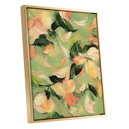 Petals in Sage, green, orange, pink floral wall art shown as a gold framed canvas wall art