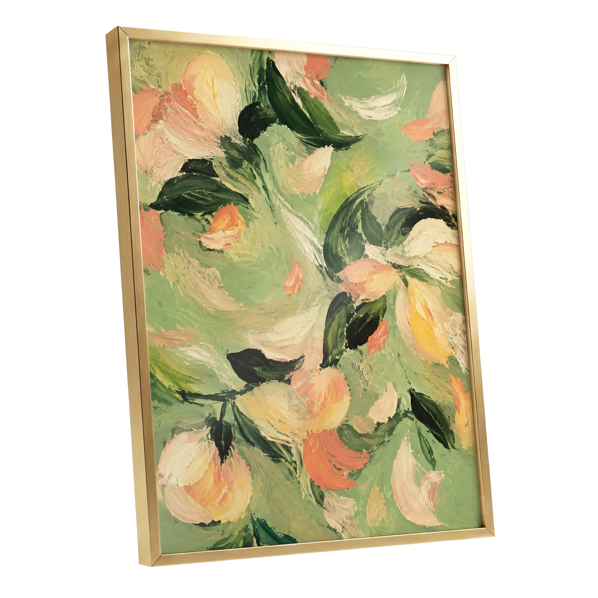 Petals in Sage, green, orange, pink floral wall art shown as a gold framed poster wall art print