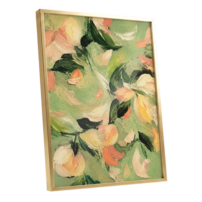 Petals in Sage, green, orange, pink floral wall art shown as a gold framed poster wall art print
