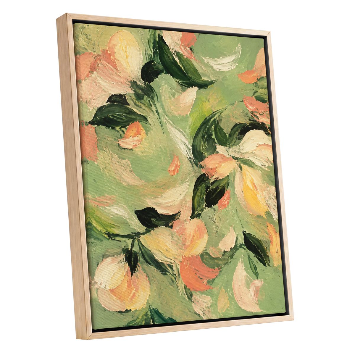 Petals in Sage, green, orange, pink floral wall art shown as a oak framed canvas wall art
