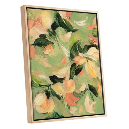 Petals in Sage, green, orange, pink floral wall art shown as a oak framed canvas wall art