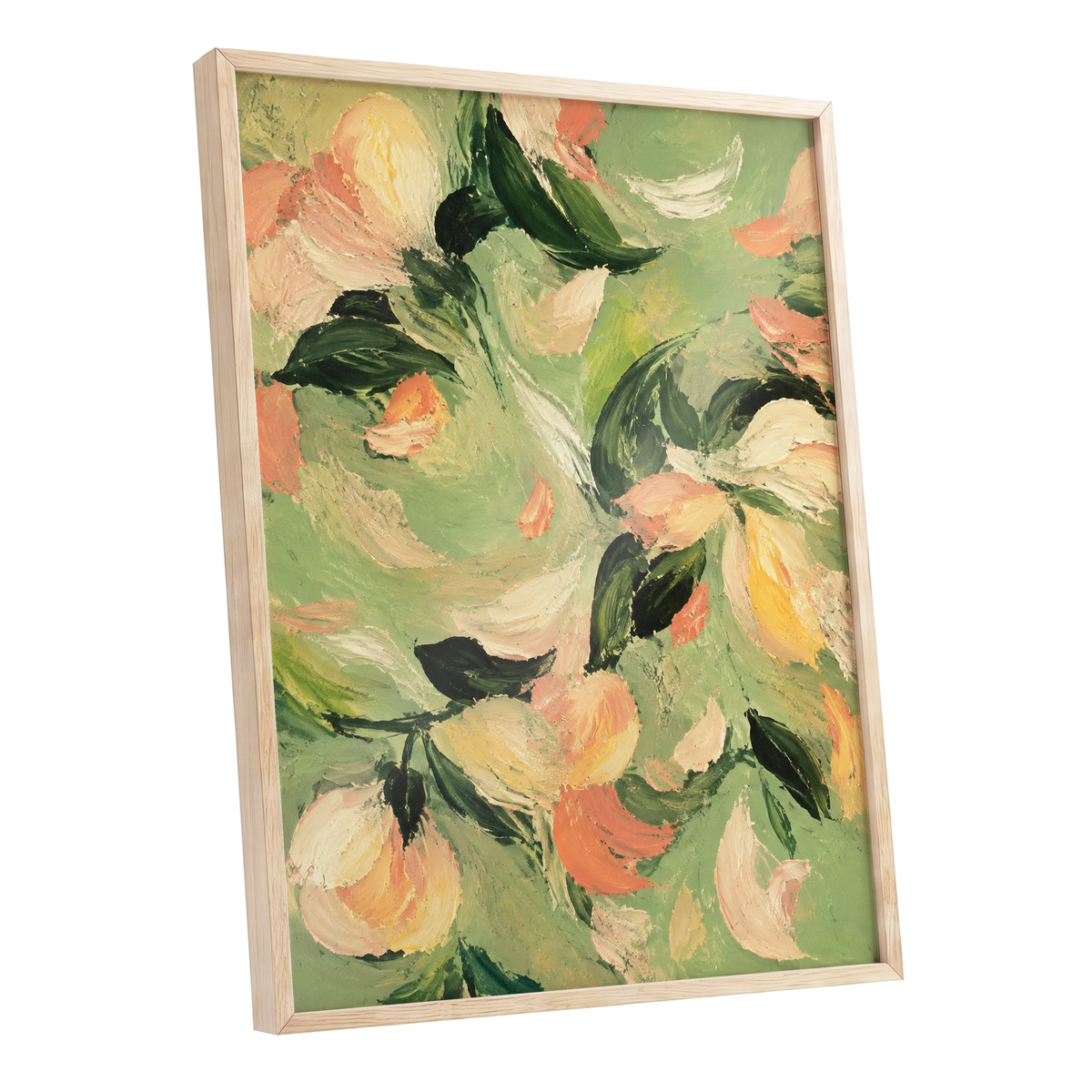 Petals in Sage, green, orange, pink floral wall art shown as a oak framed poster wall art print