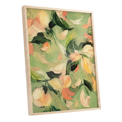 Petals in Sage, green, orange, pink floral wall art shown as a oak framed poster wall art print