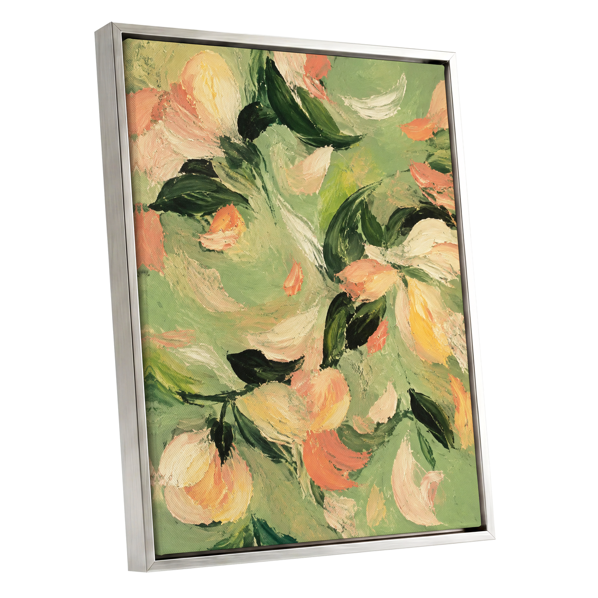 Petals in Sage, green, orange, pink floral wall art shown as a silver framed canvas wall art