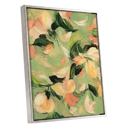 Petals in Sage, green, orange, pink floral wall art shown as a silver framed canvas wall art