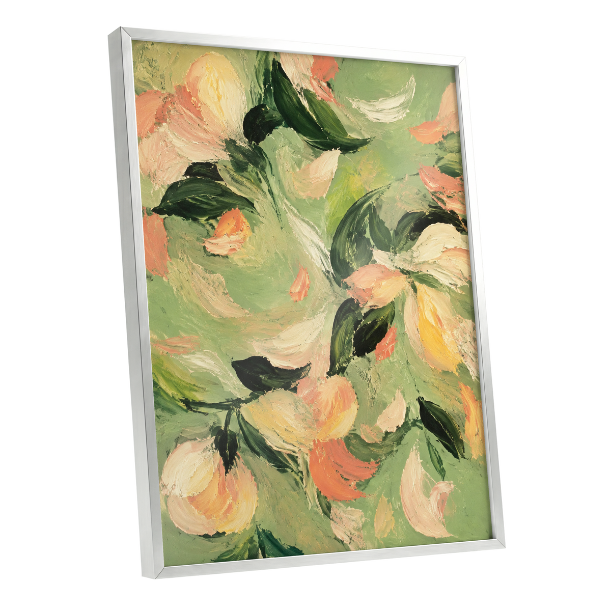 Petals in Sage, green, orange, pink floral wall art shown as a silver framed poster wall art print