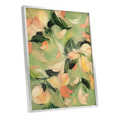 Petals in Sage, green, orange, pink floral wall art shown as a silver framed poster wall art print