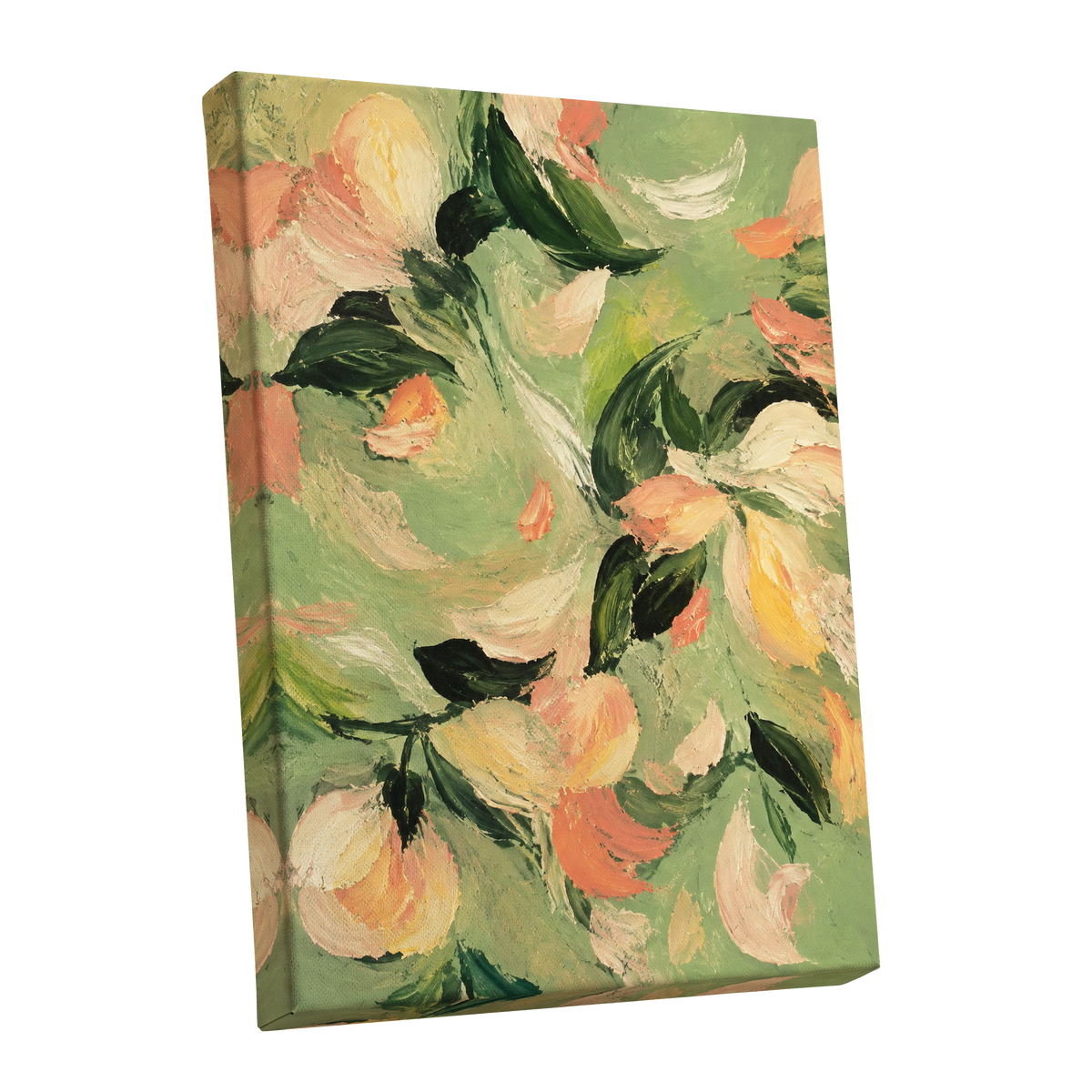 Petals in Sage, green, orange, pink floral wall art shown as a stretched canvas wall art