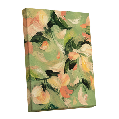 Petals in Sage, green, orange, pink floral wall art shown as a stretched canvas wall art