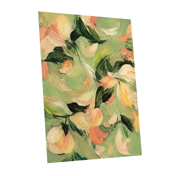 Petals in Sage, green, orange, pink floral wall art shown as a unframed poster wall art print