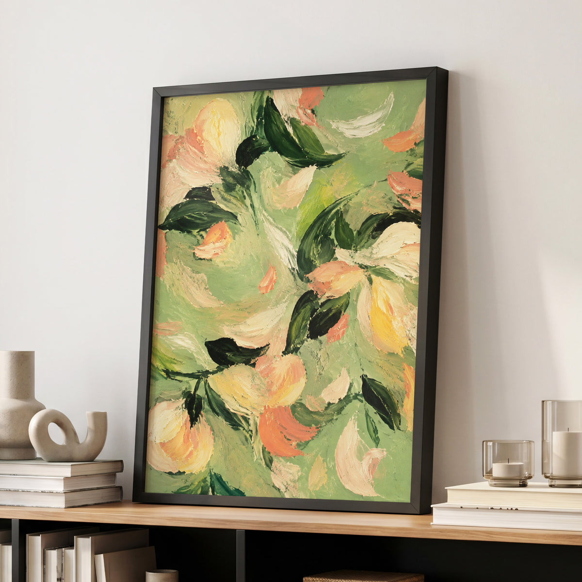 Petals in Sage, green, orange, pink floral wall art displayed in a styled interior, gallery view 2