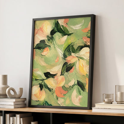 Petals in Sage, green, orange, pink floral wall art displayed in a styled interior, gallery view 2