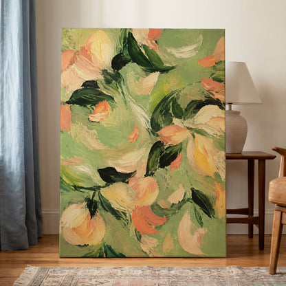 Petals in Sage, green, orange, pink floral wall art displayed in a styled interior, gallery view 3