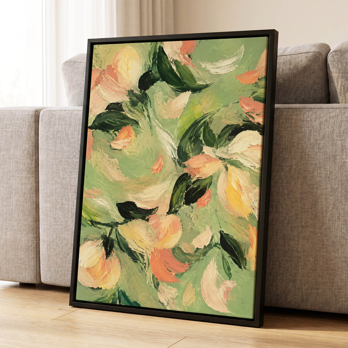 Petals in Sage, green, orange, pink floral wall art displayed in a styled interior, gallery view 4