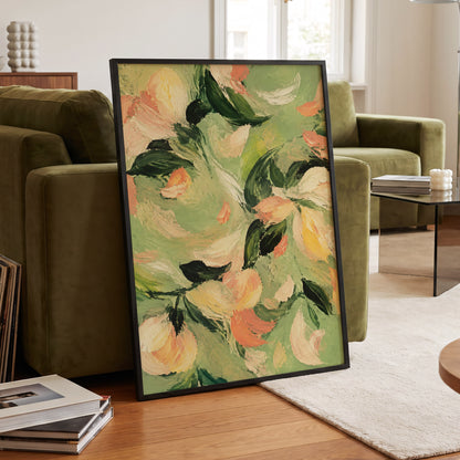 Petals in Sage, green, orange, pink floral wall art displayed in a styled interior, gallery view 6