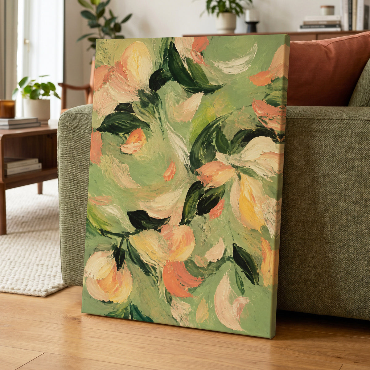 Petals in Sage, green, orange, pink floral wall art displayed in a styled interior, gallery view 7