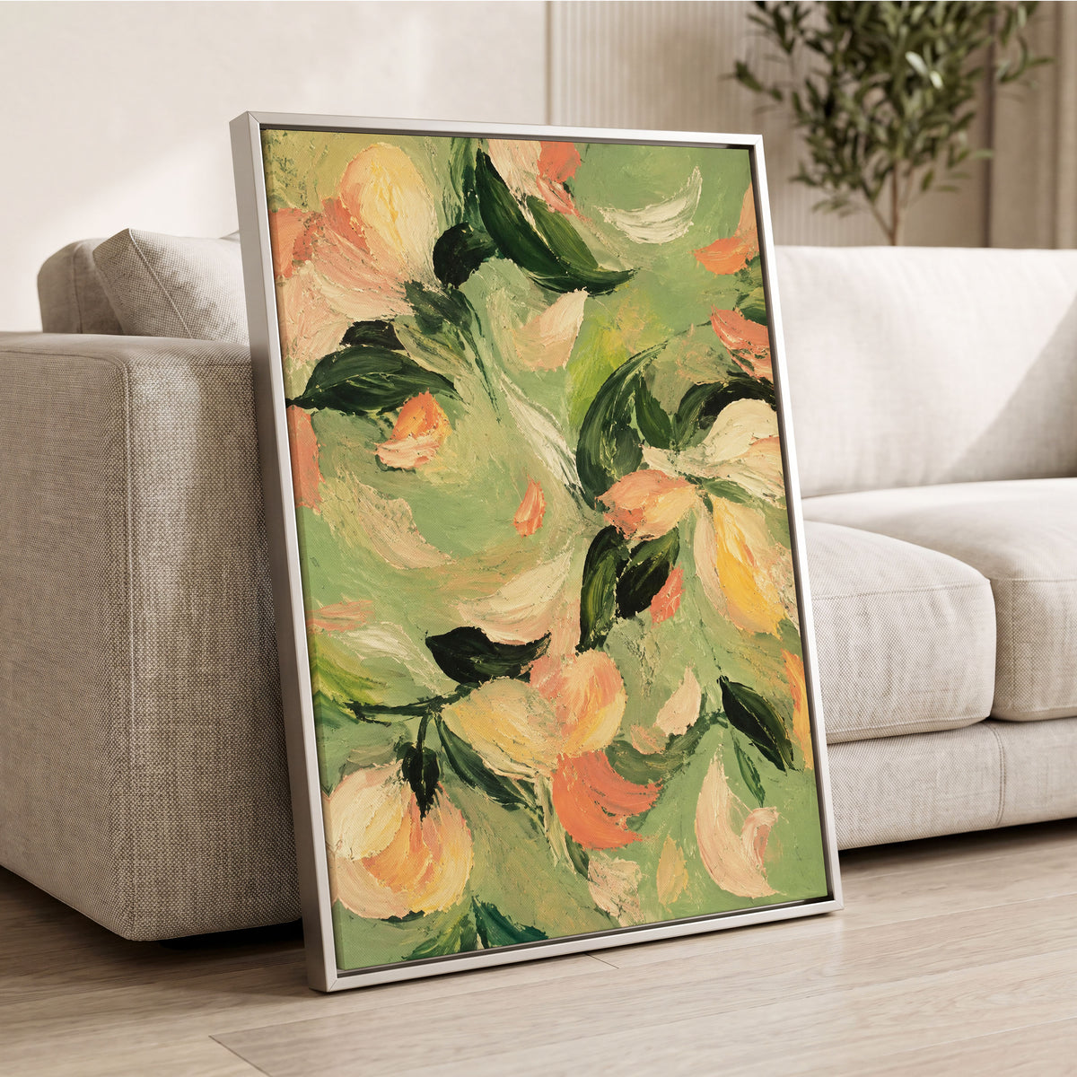 Petals in Sage, green, orange, pink floral wall art displayed in a styled interior, gallery view 8