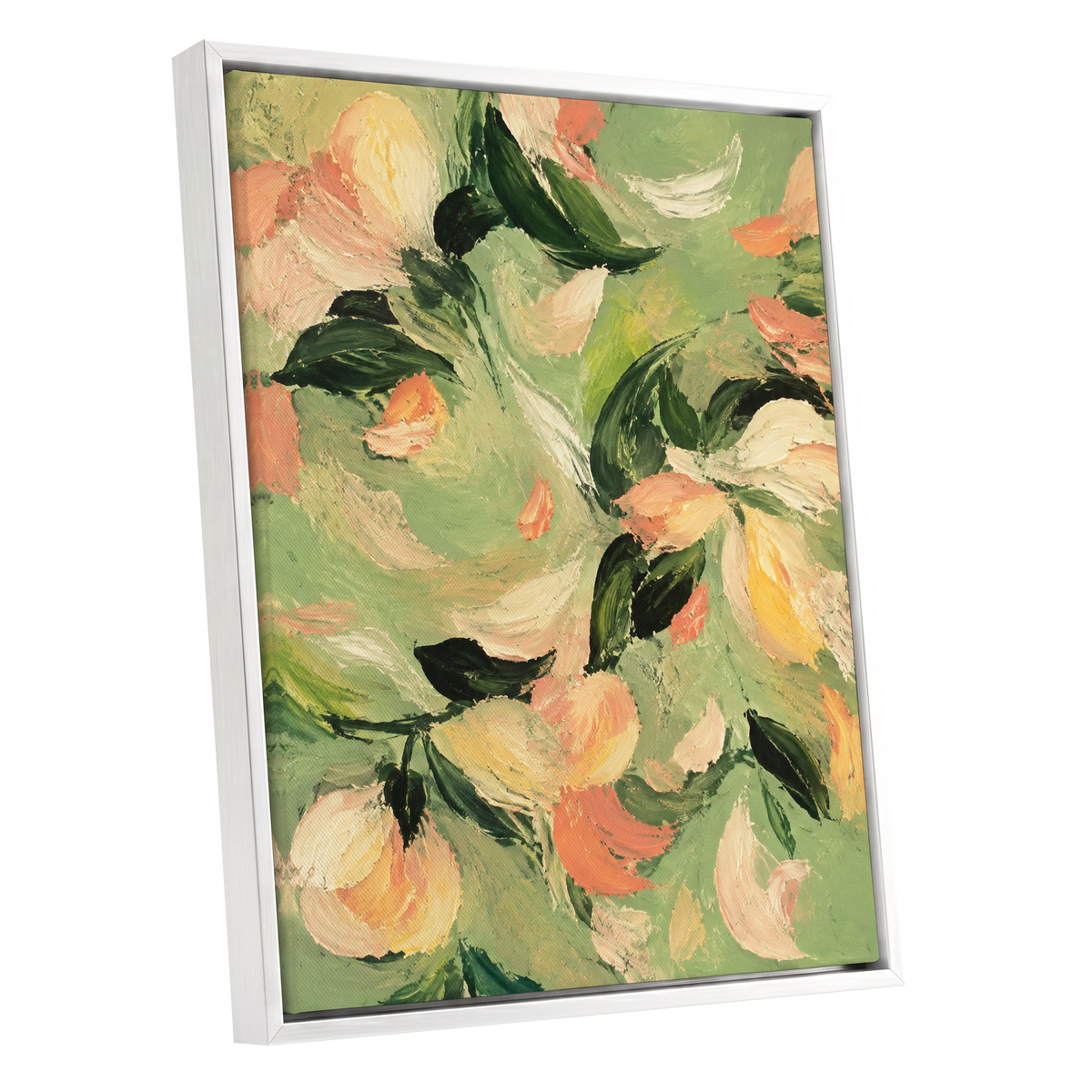 Petals in Sage, green, orange, pink floral wall art shown as a white framed canvas wall art