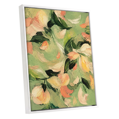 Petals in Sage, green, orange, pink floral wall art shown as a white framed canvas wall art