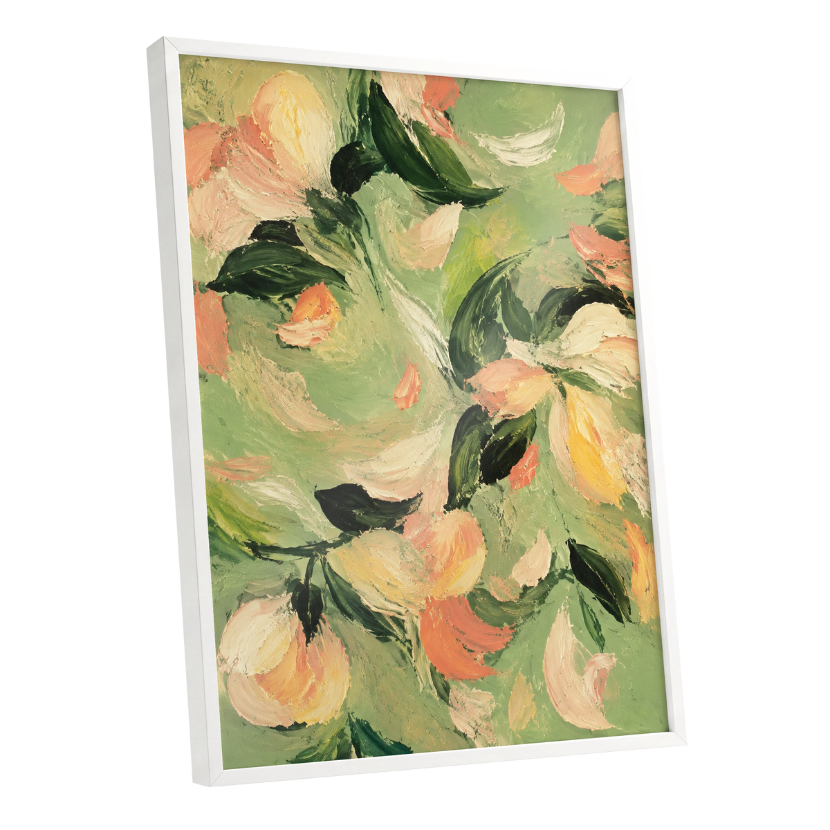 Petals in Sage, green, orange, pink floral wall art shown as a white framed poster wall art print