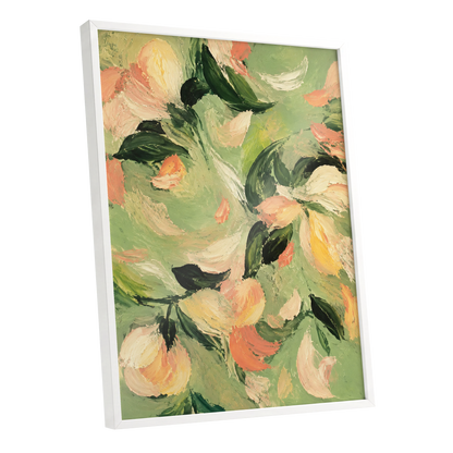 Petals in Sage, green, orange, pink floral wall art shown as a white framed poster wall art print