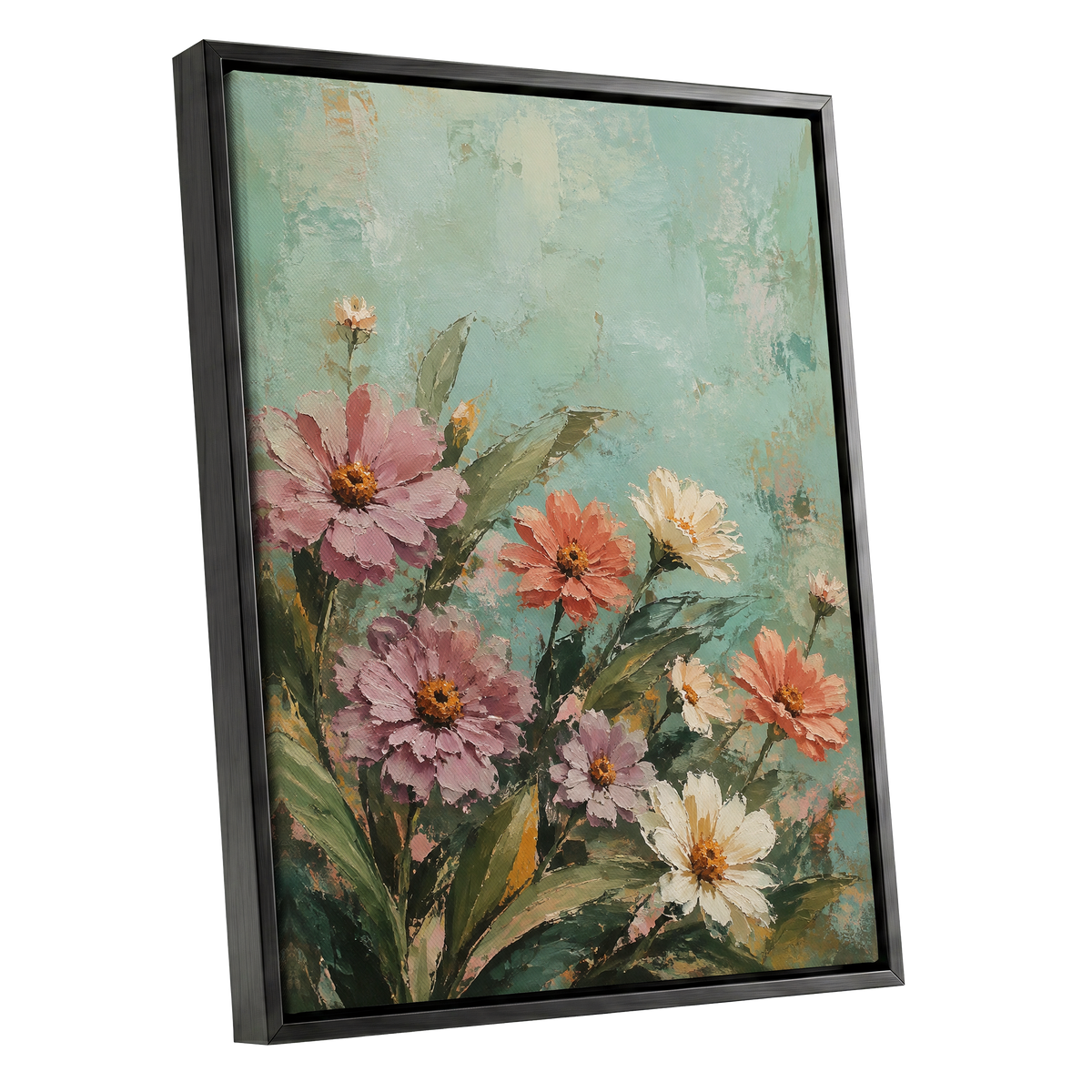 Petals in Seafoam, green, pink, orange floral wall art shown as a black framed canvas wall art
