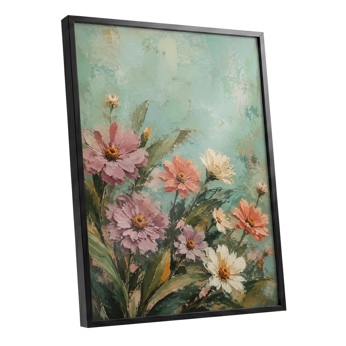 Petals in Seafoam, green, pink, orange floral wall art shown as a black framed poster wall art print
