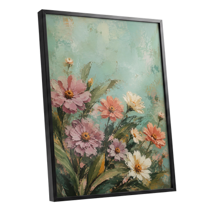 Petals in Seafoam, green, pink, orange floral wall art shown as a black framed poster wall art print