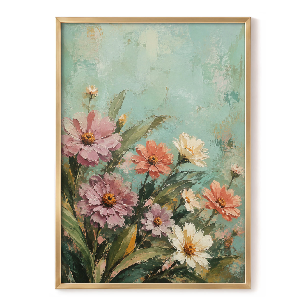 Petals in Seafoam, green, pink, orange floral wall art, front artwork view