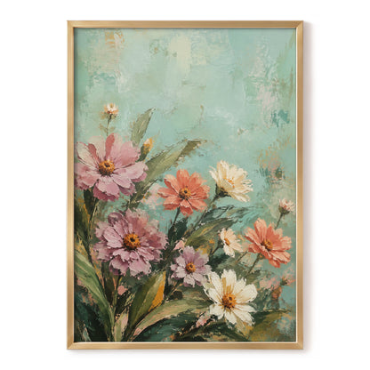 Petals in Seafoam, green, pink, orange floral wall art, front artwork view