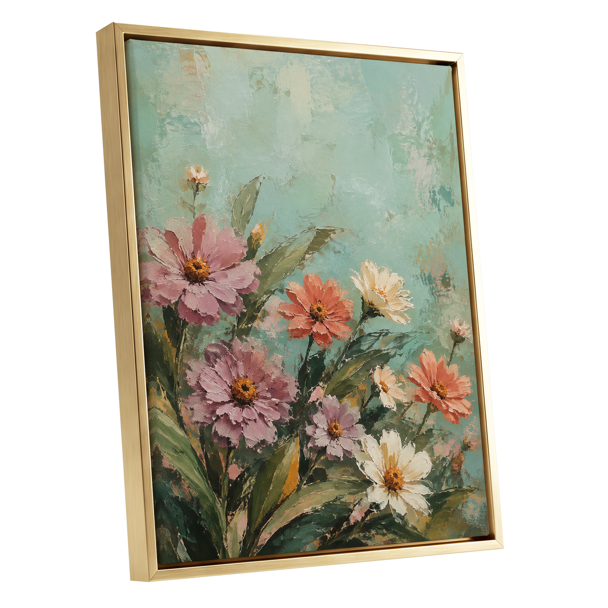 Petals in Seafoam, green, pink, orange floral wall art shown as a gold framed canvas wall art