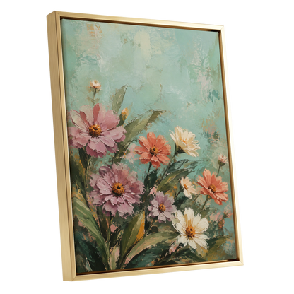 Petals in Seafoam, green, pink, orange floral wall art shown as a gold framed canvas wall art