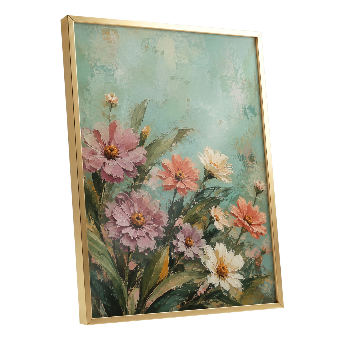 Petals in Seafoam, green, pink, orange floral wall art shown as a gold framed poster wall art print