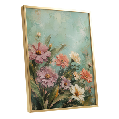 Petals in Seafoam, green, pink, orange floral wall art shown as a gold framed poster wall art print